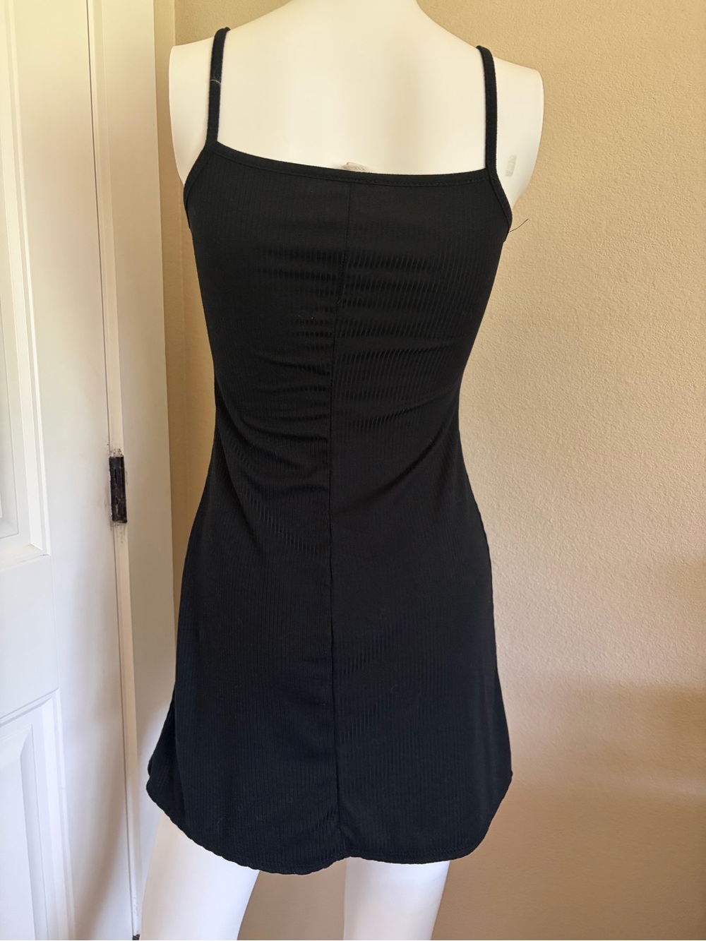 Simple Black Ribbed Spaghetti Strap Mini Dress - Picture 3 of 3